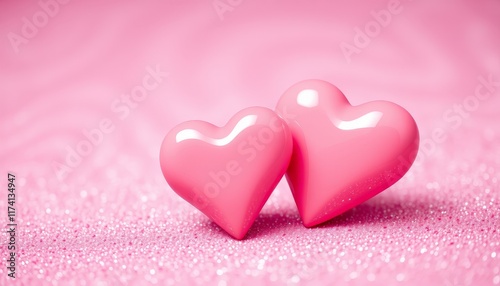 Zwei glänzende rosa Herzen auf glitzerndem Hintergrund symbolisieren Liebe, Romantik und Zuneigung – perfekt für Valentinstag oder Grußkarten. Generative KI.