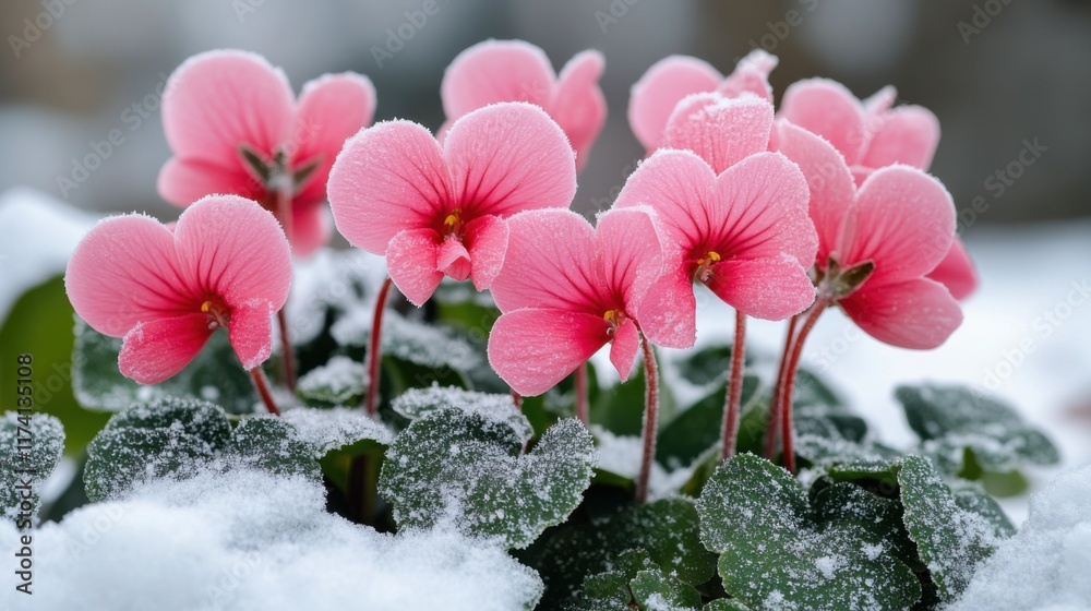 Fototapeta premium Pink flowers emerging through snow, showcasing resilience and beauty in winter.