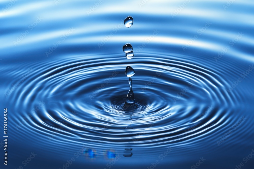 Water droplets creating concentric ripples on blue liquid surface Water droplets creating concentric ripples on blue liquid surface