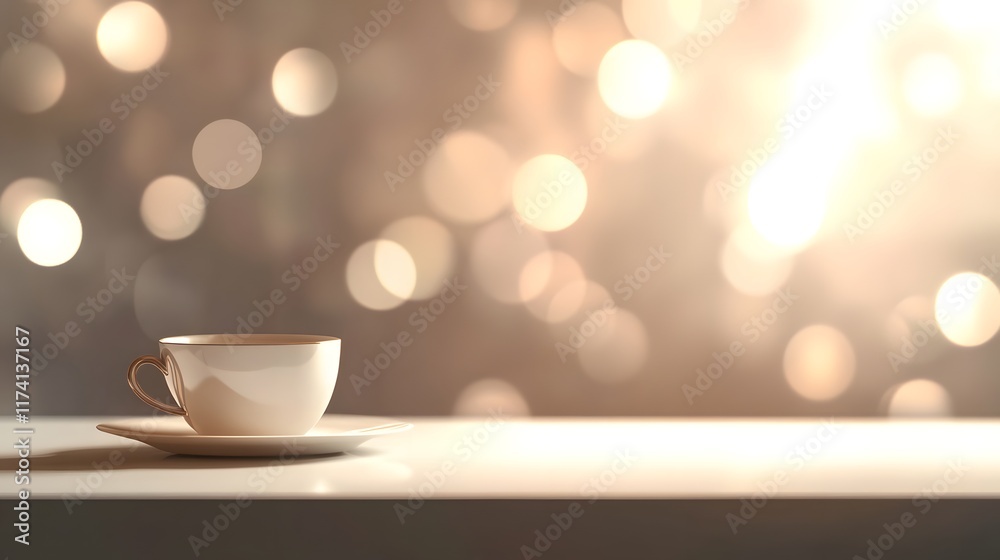 A softly lit, bokeh background creates a blurred effect behind an empty white table in , in HD and realistic quality
