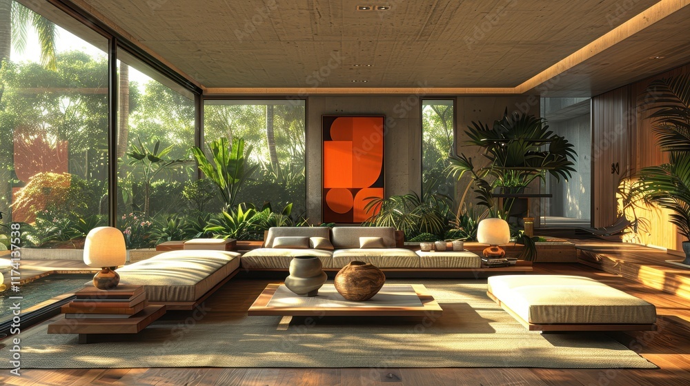 Fototapeta premium Modern living room with natural light and indoor plants.