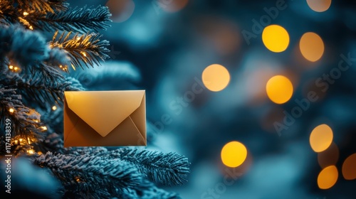 Love letter placed near glowing festive decorations in a cozy setup, surreal, silhouette, outdoor setting photo