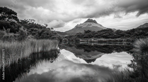Mountain Reflection In Still Water Under Cloudy Skies