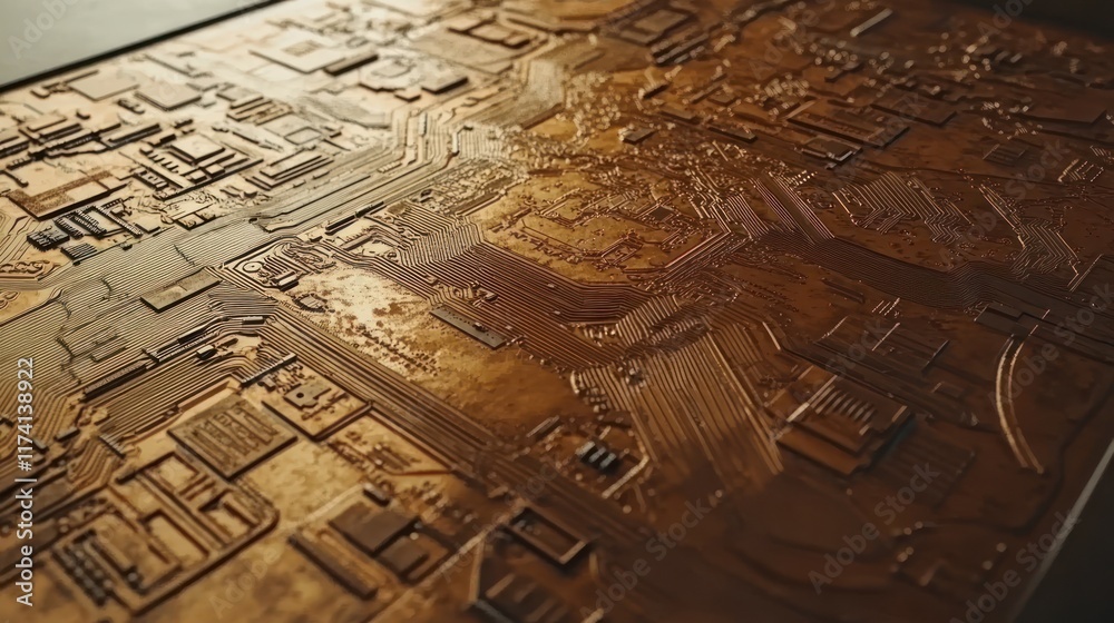 Obraz premium Futuristic circuit board with copper traces and surface-mount components in focus 