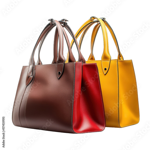 two stylish handbags. one in a rich brown with a vibrant red side and the other in a bright yellow. highlighting modern design and fashion appeal these bags are perfect for daily use or special occasi photo