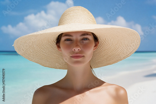 A serene beach scene featuring a woman in a wide-brimmed hat. photo