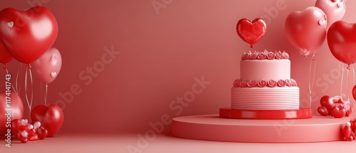 Bright setup with redthemed cakes and heartshaped balloons, surreal, overlay, celebration backdrop photo