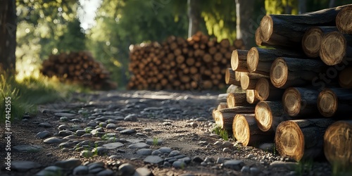 Sunlit Forest Path with Stacked Logs photo