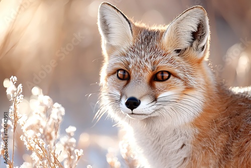 Close-up portrait of a swift fox in its natural habitat, backlit by the golden sunlight. photo