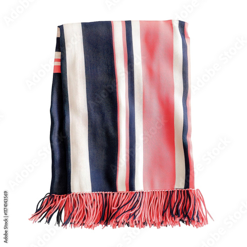 folded. striped blanket or shawl with a combination of navy blue. coral. and cream colors. adorned with fringes at the ends it appears soft and cozy. suitable for casual use. such as picnics or as a d photo