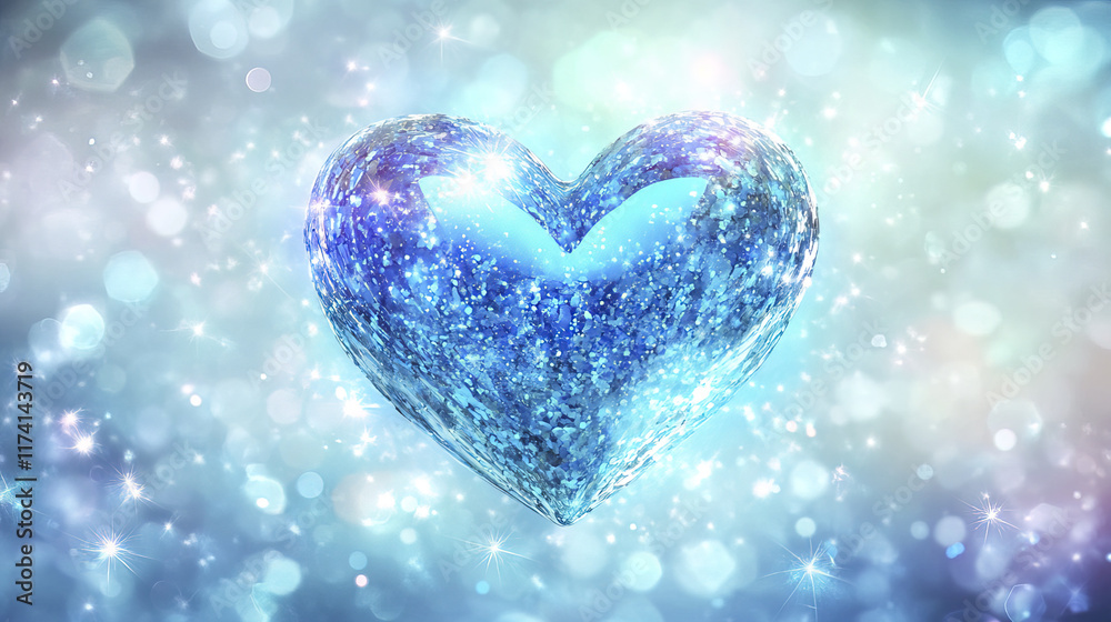 Fototapeta premium glossy blue heart sparkles against dreamy background of light