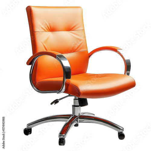 modern orange office chair with a sleek design. featuring a padded backrest and armrests. mounted on a chrome base with wheels for mobility it is ideal for office environments. promoting comfort and s photo