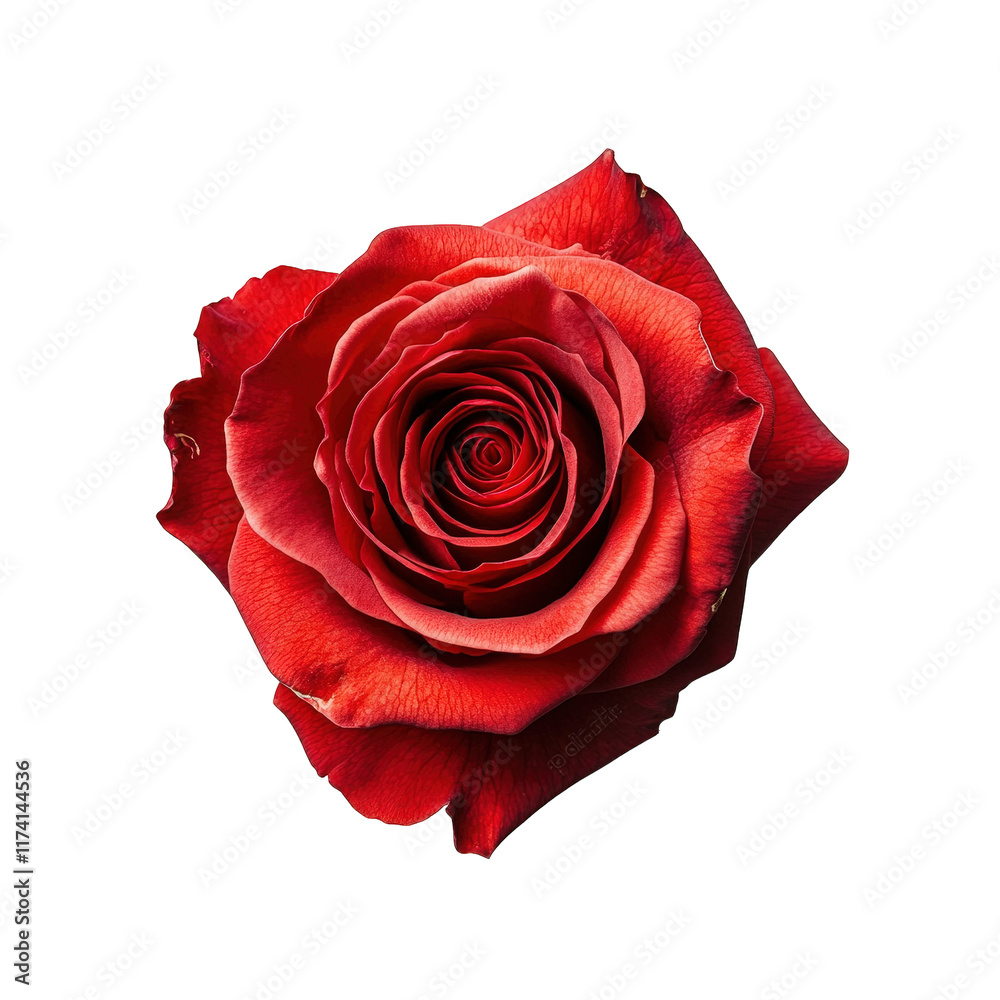close-up view of a vibrant red rose. showcasing its intricate petals and rich color against a plain white background this composition emphasizes the beauty and elegance of the flower. making it suitab