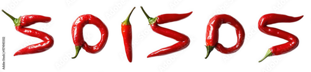 several red chili peppers arranged creatively to form the word soisos the vibrant color and unique arrangement suggest a focus on food. possibly indicating spice or flavor. and could be used for culin