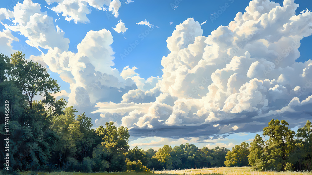 Obraz premium Blue sky with fluffy white clouds and lush green trees in the foreground, creating a serene and picturesque natural setting. Ravenwood. Illustration