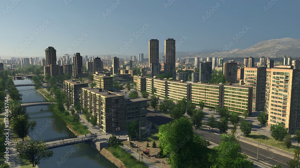 Obraz premium A cityscape featuring modern buildings, rivers, and green spaces under a clear sky.