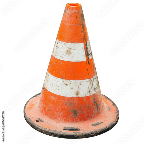 a worn orange traffic cone with white stripes. commonly used to indicate roadwork. hazards. or to direct traffic its weathered appearance suggests it has been in use for some time. serving a crucial r photo