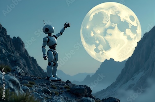 A sad robot stretches out its hand to the moon photo