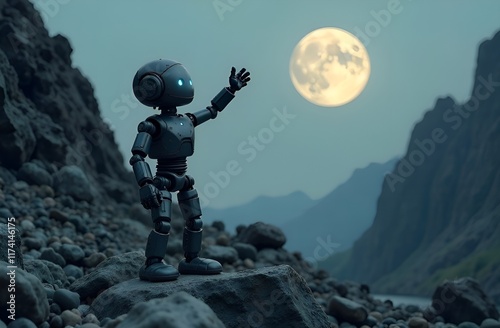 A sad robot stretches out its hand to the moon photo