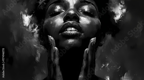 Emotive black and white portrait womans face in prayer eyes lifted heavenward dramatic chiaroscuro lighting textured skin raw emotion visible. Ravenwood. Illustration