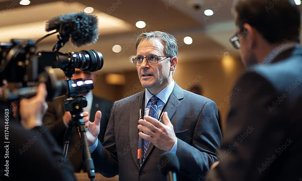 A man speaks to a camera at a professional event.
