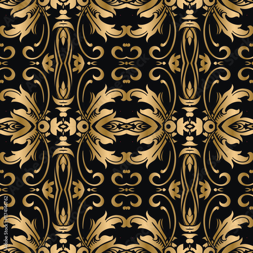 Black and gold 3d Baroque Rococo style floral luxury seamless pattern with vintage ornate flowers, leaves. Royal intricate beautiful vector background. Endless ornamental 3d glowing texture. 