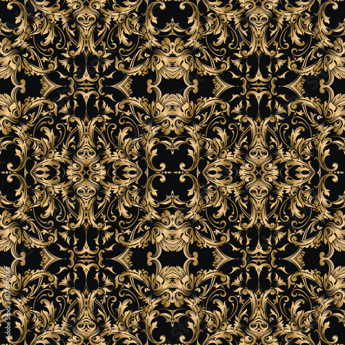 Black and gold 3d Baroque Rococo style floral luxury seamless pattern with vintage ornate flowers, leaves. Royal intricate beautiful vector background. Endless ornamental 3d glowing texture. 