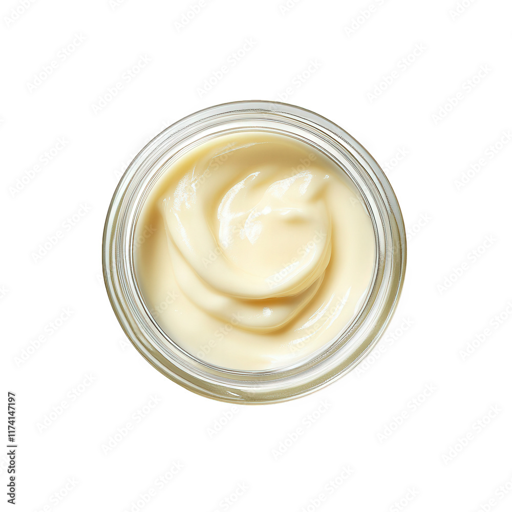 jar filled with a creamy. pale substance. likely a cosmetic or skincare product. showcasing its smooth texture and inviting appearance the jar is simple and clear. emphasizing the product's quality an jar filled with a creamy. pale substance. likely a cosmetic or skincare product. showcasing its smooth texture and inviting appearance the jar is simple and clear. emphasizing the product's quality an