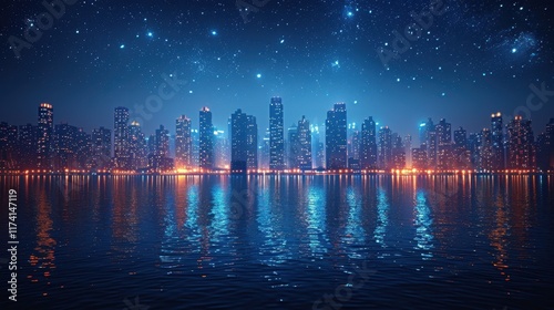 A stunning city skyline reflected in water under a starry night sky.