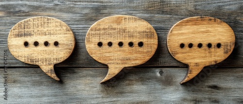 Three wooden speech bubble shapes on a rustic wooden surface.