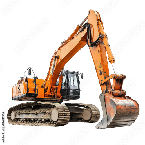 large orange excavator with a raised arm and bucket. designed for heavy-duty construction and excavation tasks its tracks suggest it is built for stability and movement across various terrains. showca