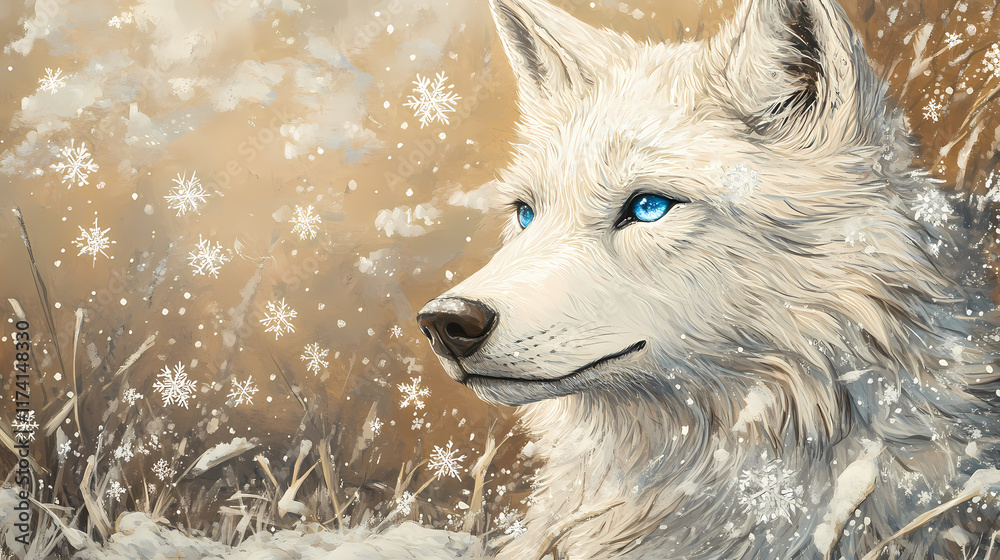 Obraz premium A depiction of a white wolf featuring blue eyes and encrusted snowflakes, gazing heavenward. Ravenwood. Illustration