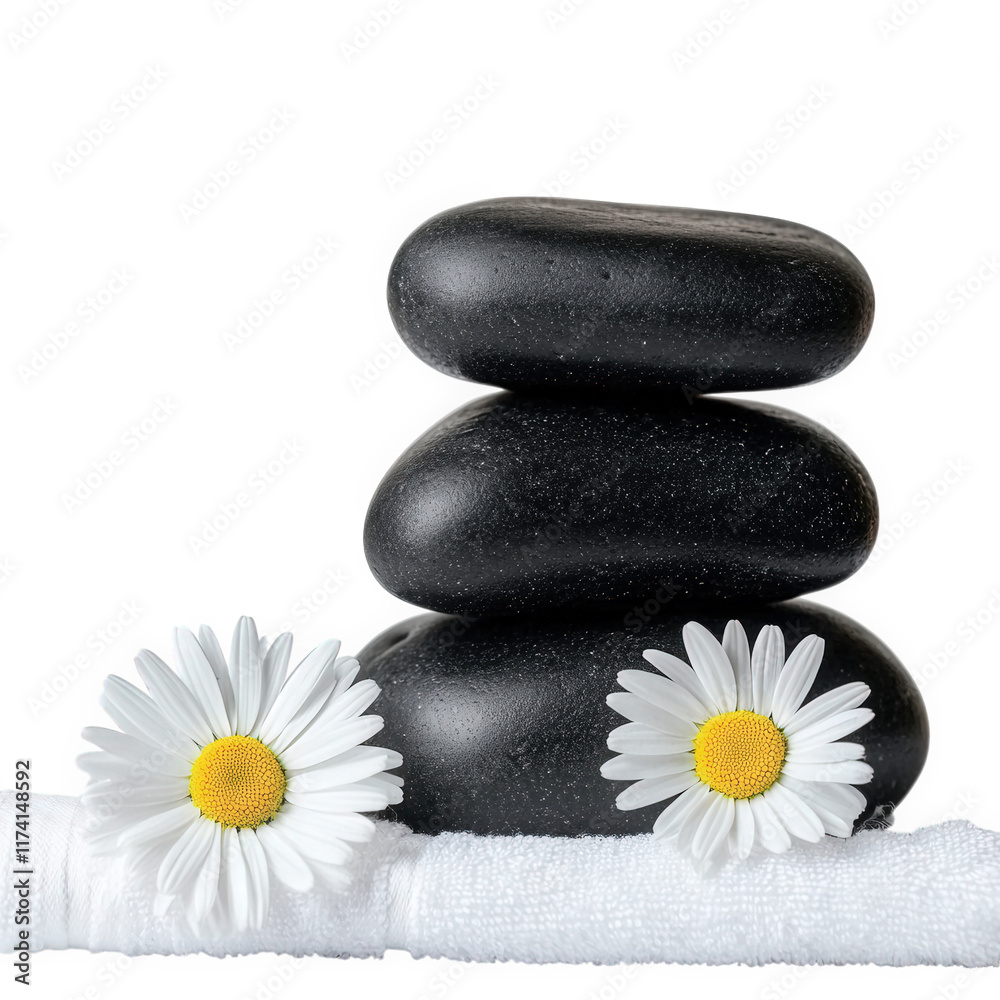 three smooth black stones stacked vertically. accompanied by two white daisies on either side. resting on a white towel this arrangement evokes a sense of calm and relaxation. often associated with sp three smooth black stones stacked vertically. accompanied by two white daisies on either side. resting on a white towel this arrangement evokes a sense of calm and relaxation. often associated with sp
