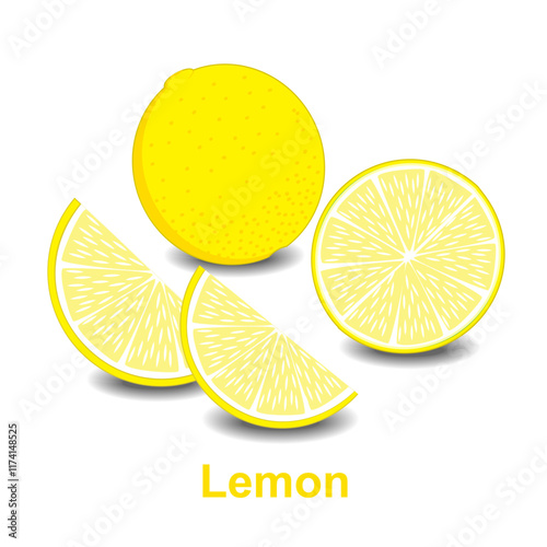 Vector illustration of citrus lemon and lemon slices isolated on a white background. EPS 10 file RGB color is arranged in groups and layers for easy editing.
