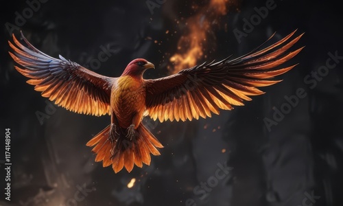 Fiery bird soars in darkness, wings outstretched, celestial fury, burning phoenix, ash cloud