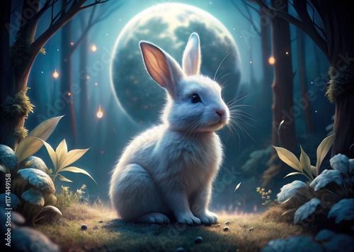 Adorable pet rabbit, fluffy and serene, under the moon's glow in a mysterious dark forest. photo