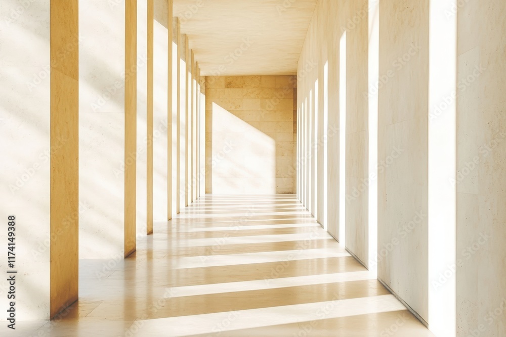 Sunlight illuminating empty corridor with columns and beige floor Sunlight illuminating empty corridor with columns and beige floor