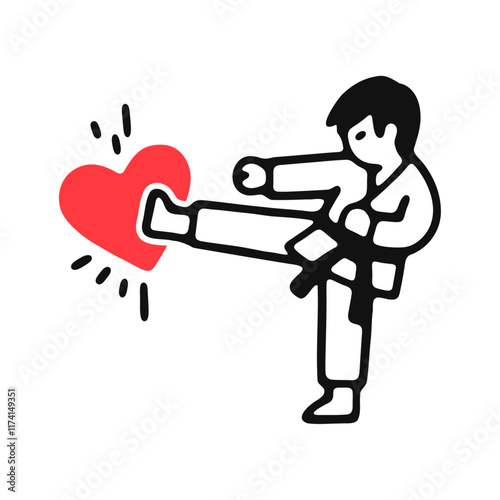karate man kicking a red heart, funny valentines day illustration
