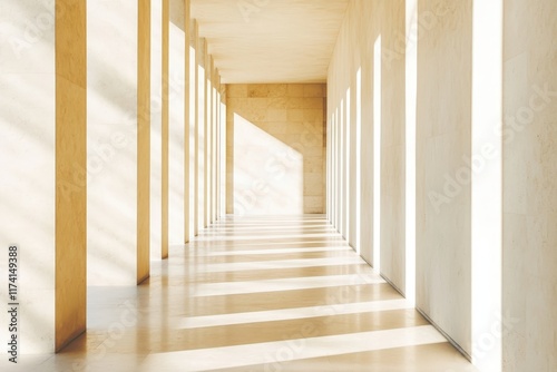 Sunlight illuminating empty corridor with columns and beige floor photo