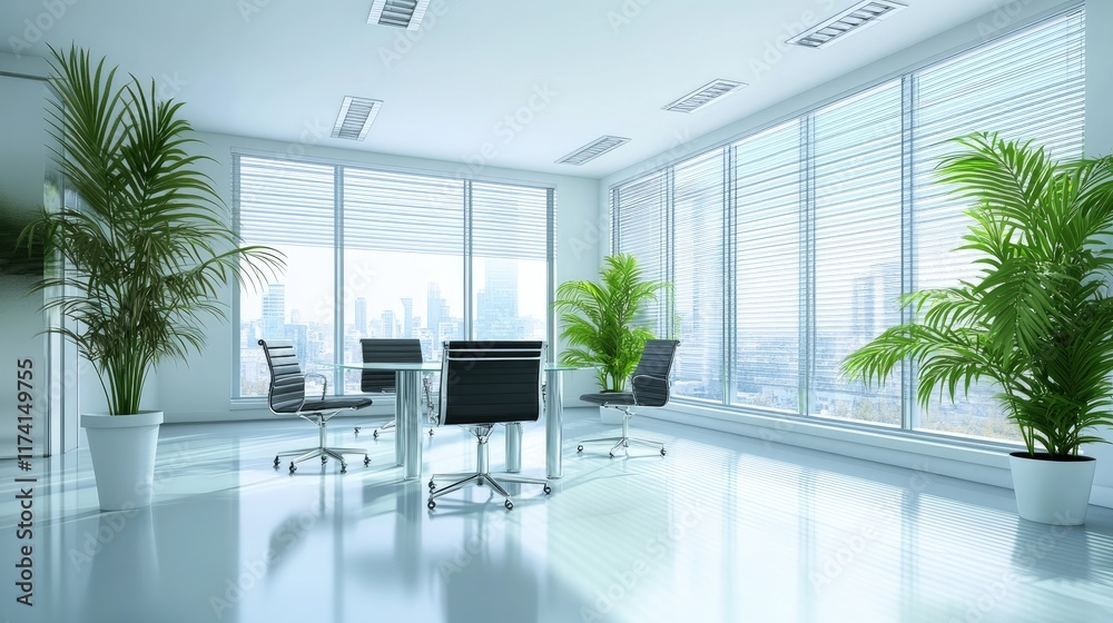 Fototapeta premium A bright office with frosted glass partitions, sleek furniture, and vibrant indoor plants.