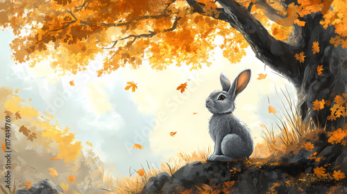 A rabbit perched under a tree with golden leaves, gazing heavenward. Ravenwood. Illustration photo