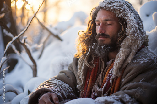 enchantment of a Yuletide dawn cloaked in a glistening blanket of snow, wherein earth lies in tranquil repose, engendering an atmosphere of eager expectation and unbridled mirth photo