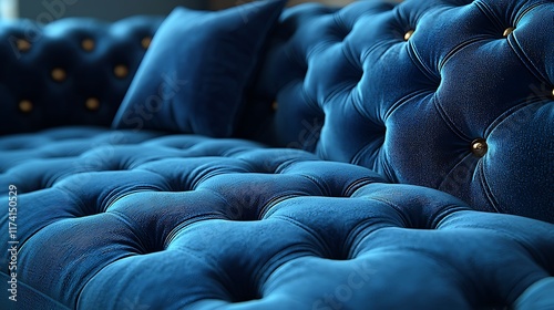 Close-up of luxurious blue velvet tufted sofa with decorative buttons. photo