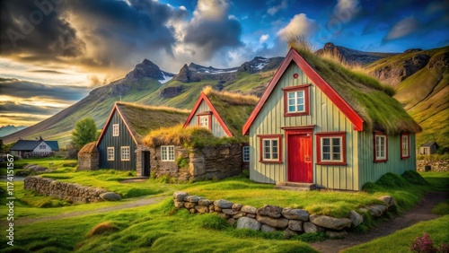 Arbaer Open-Air Museum, Iceland:  Historic homes photographed, showcasing 1957 architectural heritage. photo