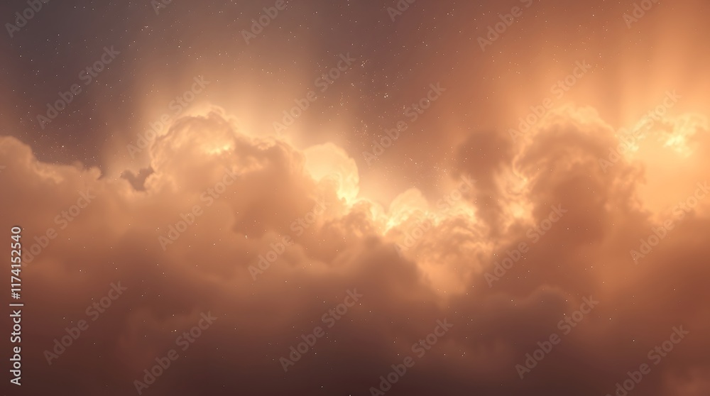 Fototapeta premium Ethereal sky, golden sunset clouds, dramatic celestial landscape, wispy cloud formations, vibrant orange and pink hues, atmospheric lighting, dreamlike atmosphere, heavenly vista, luminous sky, glowin