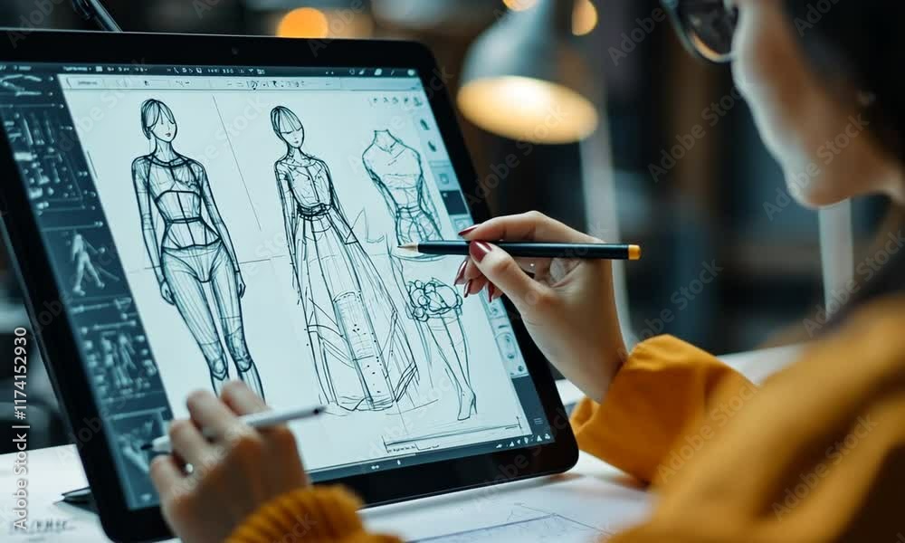Designer sketching fashion illustrations on a tablet.