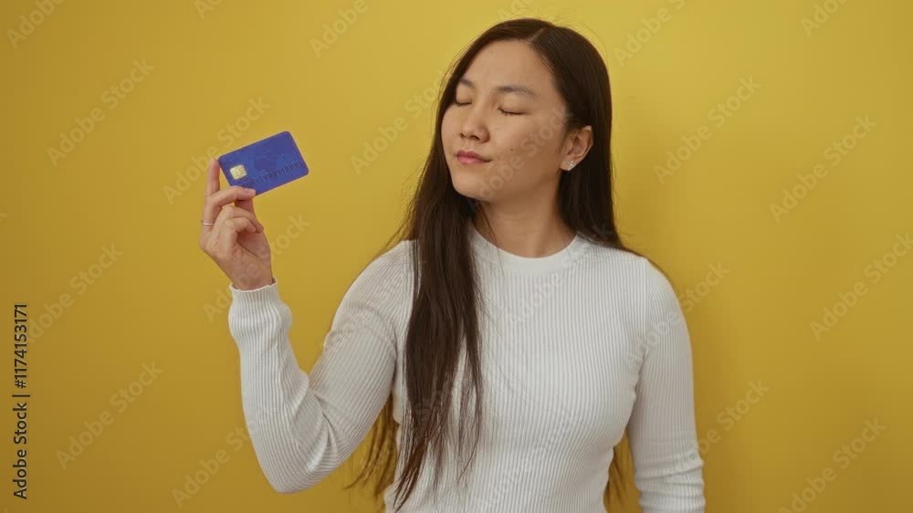 Woman with credit card, a young chinese lady's confident and sober expression showcasing attitude and thoughtfulness over an isolated yellow background Woman with credit card, a young chinese lady's confident and sober expression showcasing attitude and thoughtfulness over an isolated yellow background