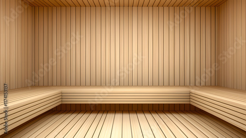 Minimalist wooden sauna interior with bench seating and warm wooden paneling for relaxation