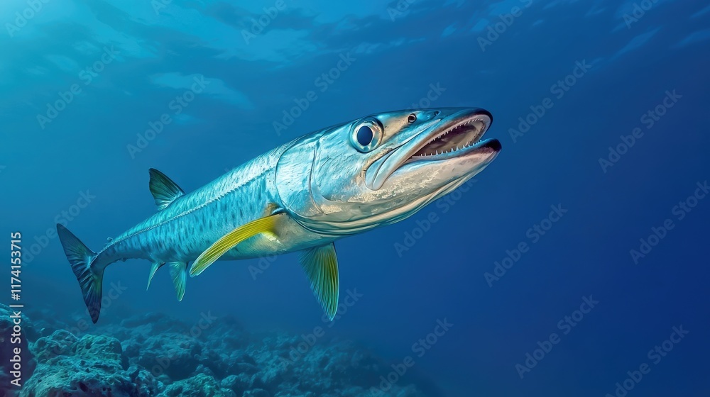 Naklejka premium A dramatic underwater shot of a barracuda in open ocean waters.