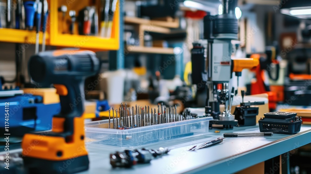 A drill bit set organized in a plastic case on a workshop table. A drill bit set organized in a plastic case on a workshop table.
